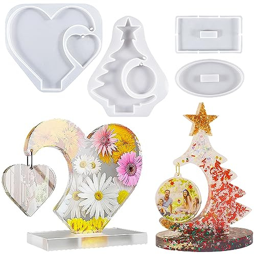 Bogoro 2 Pièces Moule pour Resine Epoxy, Moule Silicone Resine Epoxy Noel Cadre Photo, Moule coeur resine epoxy, Cadre photo en forme de coeur, Moule coeur silicone(Sapin de Noël + coeur)