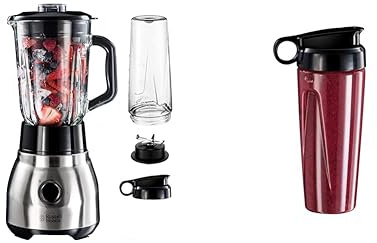 Set: Russell Hobbs Blender [polyvalent et puissant de 1,5 L, bol en verre] 23821-56 + Gourde to-go [600 ml avec couvercle pour emporter et consommer smoothies, jus de fruits, etc.] 700105
