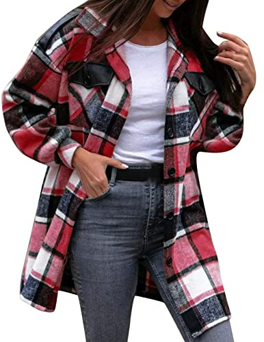 Femme Chemise à Carreaux à Manches Longues, Surchemise Femme Veste a Carreaux Chemise Chaude Surdimensionnée Chemisier Blouse Manches Longues Bûcheron Manteau Boutonné
