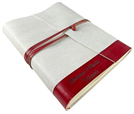 TriVin Art Album fotografico artigianale, in similpelle pregiato con laccio e inserto in VERO CUOIO personalizzabile con incisione. Ideale per qualsiasi evento. (Polar/Cuoio Piega Rosso)