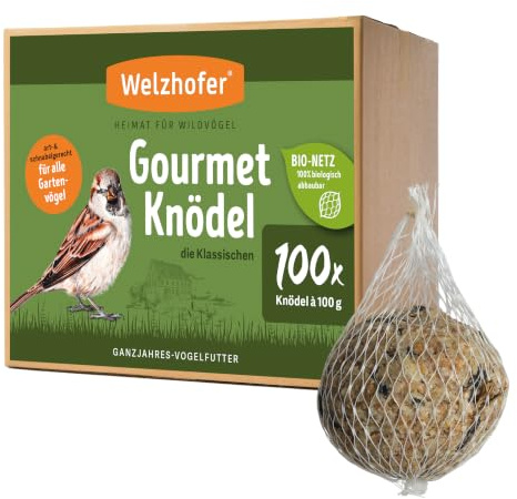 Welzhofer Gourmetknödel die Klassischen 100 Stück x 100g Meisenknödel im Bio-Netz, leckere Energiequelle für Garten- & Wildvögel, verdauungsfördernde Getreideflocken, praktische Kartonagenverpackung