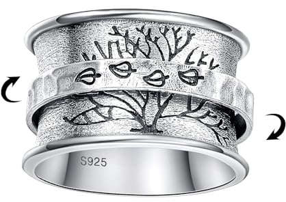 BONLAVIE Lebensbaum Ring Silber 925 - Drei Bären und Kiefern/Drei Hirsch - Breiter Band Damen Vintage Anxiety Spinner