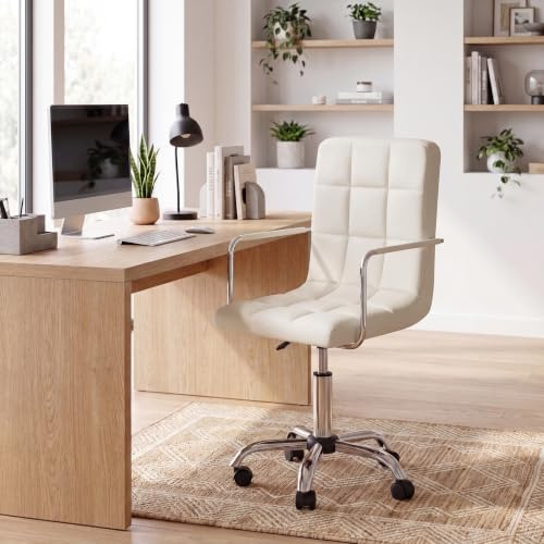 Vida Designs Clabo Bürostuhl, höhenverstellbar, Leder, Schreibtischstuhl mit Armlehnen und Rollen, für Heimarbeit und Studium (Beige)