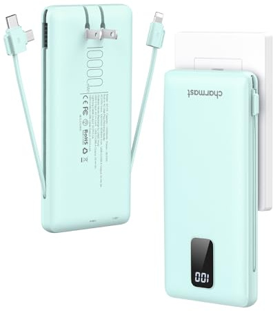charmast Portable Charger with Built-in Cables and Plug, 10000mAh USB C Power Bank Fast Charging, External Battery Pack Slim, Travel Essentials Compatible with iPhones, Samsung Galaxy, iPad