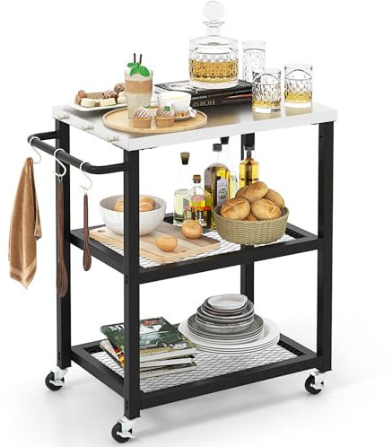 KOMFOTTEU Carrito de Servicio 3 Niveles con Ruedas, Carro Auxiliar con Encimera de Acero Inoxidable, Carro para Parrilla con 9 Ganchos, Mesa de Trabajo Industrial, 72 x 41 x 81 cm (3 Niveles)