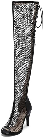 Roimaash Fashion Women Thigh High Boots Mesh Summer Boots Overknee Gladiator Sandals Peep Toe Lace Up Stiletto Heels Party Dress Mesh Shoes Black Size 45