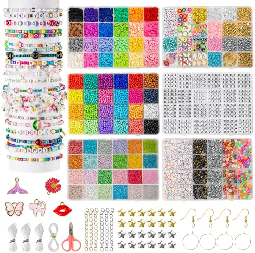 zenmag Freundschaftsarmband-Bastelset – 16000 Stück mit 48 Farben (2/3/4 mm) Glas-Rocailles für Armbandherstellung, 24 Farben, Tonperlen, 7 Stile Buchstabenperlen (A-Z), verschiedene Charms
