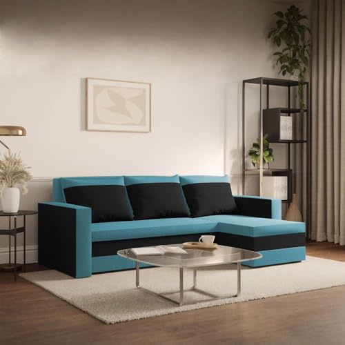FORNIRO 24 Loft Ecksofa mit Schlaffunktion und Bettkasten – Sofa L-Form 225x130x75 cm, 3 Sitze & Kissen für modernes Wohnen (Basic, Blau-Schwarz)
