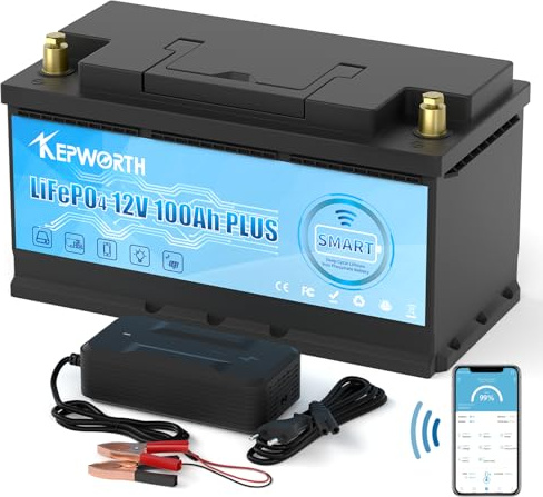KEPWORTH Litiumbatteri 12V 100Ah Bluetooth LiFePO4 Litiumjärnfosfat-batteri Med Smart 100A BMS, 1280Wh, för off-grid, Husvagnar, husbil, solenergisystem, hembackup, UPS, marin