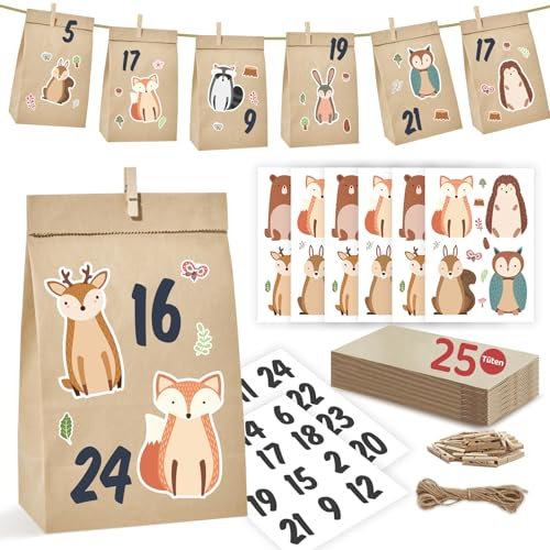 Adventskalender zum Befüllen 2025 - Waldtiere Adventskalender Tüten zum Befüllen groß, DIY Adventskalender selber Befüllen Kinder Erwachsene mit 25 Papiertüten braun und Klammern Weihnachtskalender