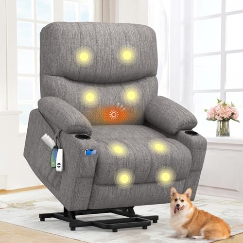 BareTay Recliner Armchair Electric Recliner Chair with Massage & Heat, Extended Footrest,Reclining Chair Lounge Sofa with Extra Pillow, Type C+USB Dual Drink Holders, 4 Side Pockets Padded Recliners