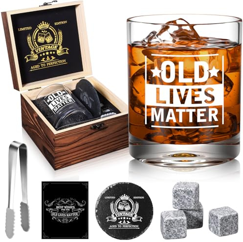 veecom Old Lives Matter Whiskey Glass 354ml, Old Fashioned Rum Glass, Funny Gag Gifts for Old Man, Grandpa, Dad, Mens Birthday or Retirement Gifts with Whiskey Stones, Coaster, Wooden Box | 12oz Old Fashioned Whisky Gifts for Men Christmas, Grandpa, Dad, Gag Gift with Whiskey Stones, Coaster, Wooden Box