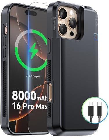 NEWDERY Verbesserte Akkugehäuse für iPhone 16 Pro Max, 8000 mAh USB-C tragbare Powerbank, CarPlay, Sync-Daten Werden unterstützt, wiederaufladbares Ladegehäuse kompatibel mit iPhone 16 Pro Max 6,9 