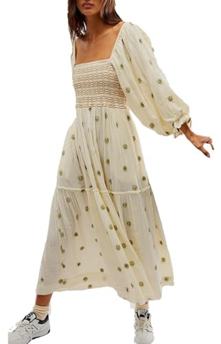CheJooe Women's Flower Embroidered Maxi Dress Long Puff Sleeve Square Neck Smocked Tiered Bohemian Flowy Casual Dress Beach Holiday Long Dress