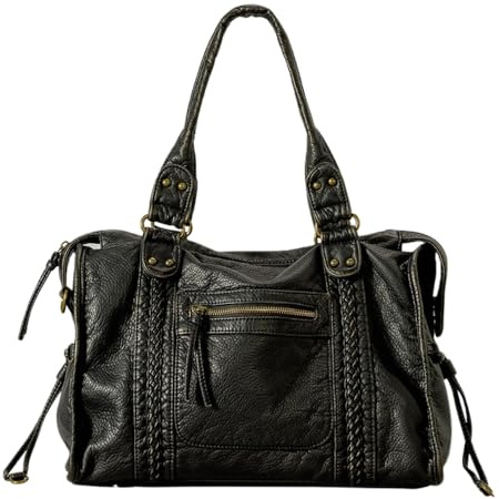 GJGJTER Damen Hobo Handtasche Frauen Washed Leather Umhängetasche Retro Geldbörse Shopper Top-Handle Tasche Arbeit Schultertaschen Schwarzer Schulranzen