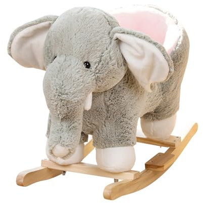 Kids Rocking Horse Wooden Rockers with Seat Elephant Rocking Horse Ride Plush Stuffed Animals Toy, Soft Materials, Wood Base Seat for Boys Girls, (Grey)