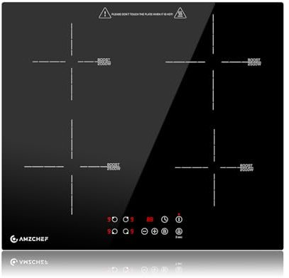 AMZCHEF Induktionskochfeld 60cm, 4 Platten Induktionskochfeld | Einbau Induktionskochplatte | Boost-Funktion | 9 Leistungsstufen | Sicherheitsschloss | Touch-Bedienung | Zeitschaltuhr | 7200W