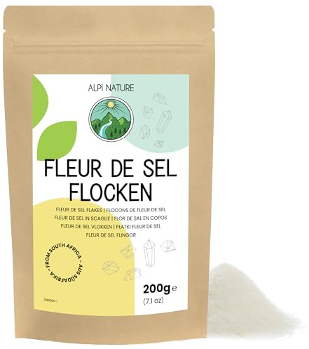 Alpi Nature Cristalli di Sale Marino Fleur de Sel 200g, Fiocchi di Sale Marino 0.5-2 mm dal Sud Africa per la Cucina Gourmet | Cristalli di sale dal Sudafrica per la cucina gourmet, fiocchi di sale, ideali per carne, frutti di mare e verdure