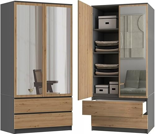 BDW Commode avec miroir, 90x180x50 cm, 2 tiroirs, 4 étagères | Idéal pour UNE chambre à coucher, couloir, chambre d'enfant ou bureau | Porte-vêtements, portemanteau (Anthracite/Chêne Artisan)