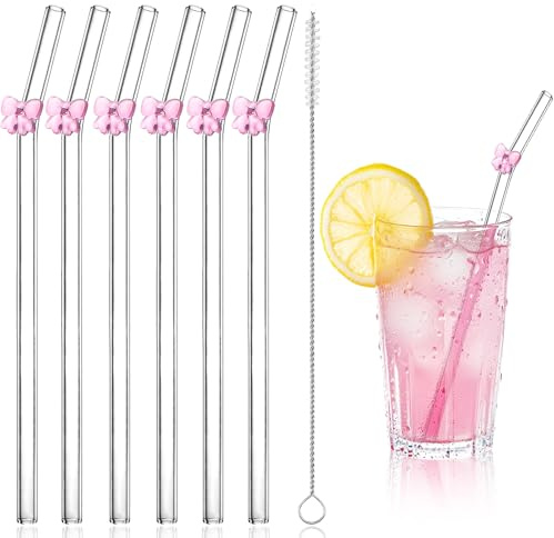 Yamobi 6 Pcs Glasstrohhalme Mit Schleifenmuster, Handgefertigte Wiederverwendbare Trinkhalme Aus Hochwertigem Borosilikatglas, Set Mit Sechs Langen Strohhalmen