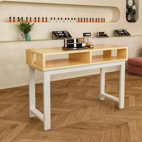 LAITEGOG Mesa de Manicura,Mesa de Manicura con Patas Metálicas,Cajones,Estación de Trabajo de Uñas de Madera para Salones de Belleza SPA(Wood Color-A,39IN)