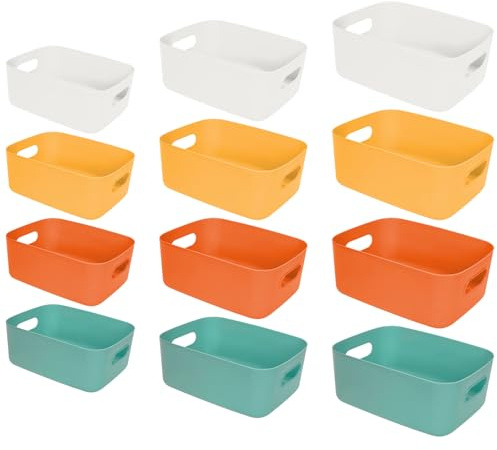 12er Set Aufbewahrungsbox Bunt, Kunststoff Aufbewahrungskisten mit Griffen, Korb Plastik Organizer, Ordnungsbox, Multifunktion Aufbewahrungsboxen für Küche Bad Kleiderschrank