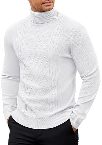 COOFANDY Men's Jumpers Turtleneck Jumpers Knitted Jumper High Neck Jumper Winter Knitwear Roll Neck Sweater Long Sleeve Pullover White L