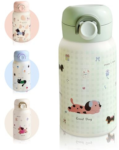 AMFUN 330ml Petite Bouteille Isotherme, Gourde Isotherme avec Couvercle Verrouillable Anti-fuite, Bouteille D'eau Acier Inoxydable, sans BPA, pour Running, École, Bureau(Imprimés Animaux-Vert)