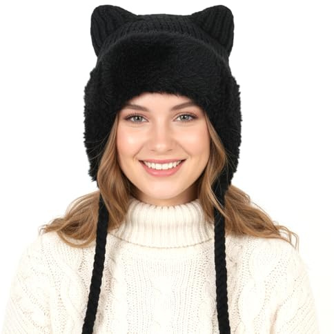 TAGVO Damen Winter Strickmütze mit niedlichen Katzenohren Fleece Innenfutter Kordeln Fellbesatz Winddicht Warm Beanie