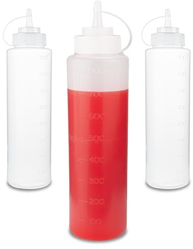 HuiJinXin 3 Pcs Squeeze Bottles with Caps, 800ml/28oz Plastic Sauce Bottles, Squeezy Condiment Sauce Bottle with Measurements, Reusable Squeeze Dispensers for Ketchup Syrup BBQ Mustard Salad Dressing