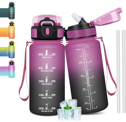 Mulbijeo Borraccia con Cannuccia 500Ml, Senza BPA & A Prova di Perdita, Reutilizables, Borraccia Scuola Elementare, Motivazionale per Scuola, Palestra, Ufficio, Running