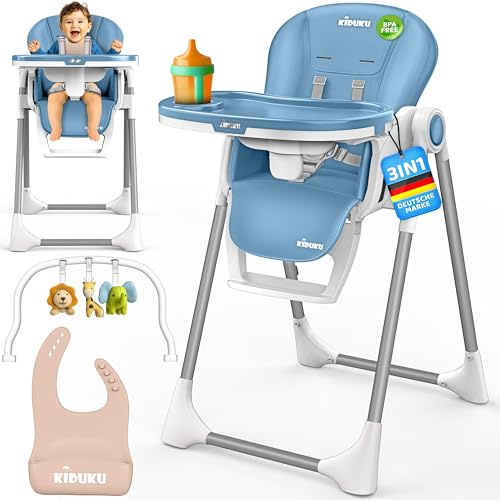KIDUKU® Seggiolone Pappa Neonato 3 in 1 con Riduttore & Bavaglino | Seggiolone Pieghevole per Bebè e Bambini con Arco Giochi | Sedia Evolutiva Regolabile 7 Livelli | Crescita 0-36 Mesi (Blu)