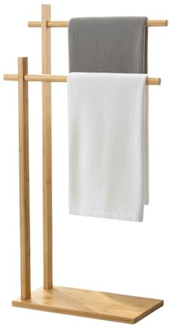Toallero de pie portatil de Madera bambú con 2 Porta Toallas de Barras para baño, vestier, terraza.