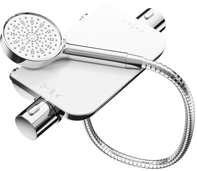 Cobbe Thermostatische Duscharmatur mit 6 Modi Filterduschkopf, 1,5m G1/2'' Universal Anschluss Edelstahlschlauch, Doppelfunktion-Wasserauslasssteuerung, wandmontierte Installation (Chrom/Weiß)