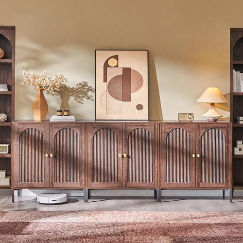 IFGET Modern Buffet Cabinet with Storage, 92.63 W Fluted Arched Sideboard Cabinet w/Adjustable Shelves, Wooden Modular Coffee Bar for Dining Room, Kitchen, Living Room, Entryway, Brown