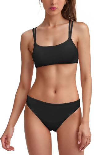westag Period Swimwear Two Piece Swimsuit Low Waist Bikini Swimming Costume | 4-Layer Leakproof, Removable Cups, Scoop Neck, Double Slim Straps, Multi-Strap Cross Back, Kayak Days, Family Pool Day, Women