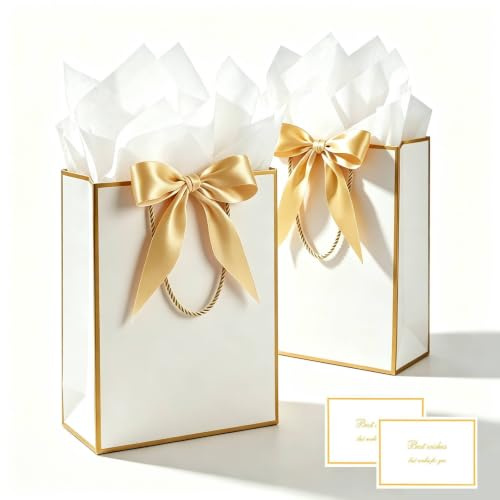 MtnLaur presentpåsar vita 2pack, presentpåsar med handtag och band, mellanstora presentpåsar i papper med silkespapper och gratulationskort, för flickor, kvinnor, födelsedagar, bröllop och babyshowers