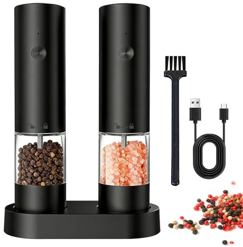 Rechargeable Electric Salt and Pepper Grinder Set – Electric Pepper Grinder, Adjustable Coarseness, One-Handed Operation, Ceramic Grinder Mills with Visible Chamber