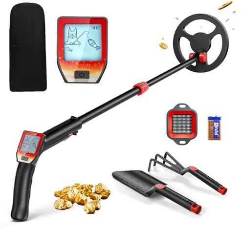 Metal Detector Bambini, Metal Detector per Bambino Leggero con Asta Regolabile 66-83 cm, Display LCD e Bobina di Ricerca Impermeabile, Pala, Rastrello, Setaccio e Borsa, Rosso