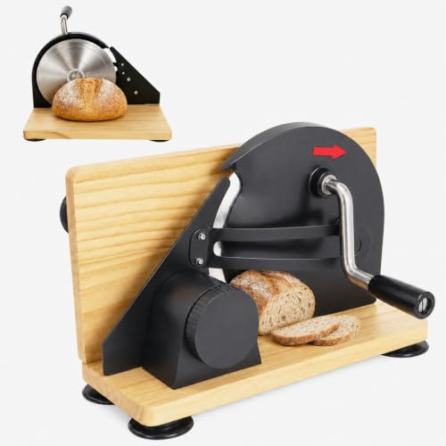 Yalitrca Brotschneidemaschine Manuell 0–15 mm Einstellbare Dicke, Rostfreie Stahlklinge, Skalenlinien & Saugnäpfe, Hell-Naturholz Design für Private und Kommerzielle Nutzung