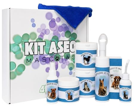 4Pets Shop Kit de Higiene para Perros y Gatos 7 en 1 | Limpieza Completa de Ojos, Oídos, Patas y Dientes | Productos Naturales sin Alcohol | Incluye Toalla de Microfibra