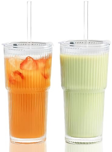 ZkateTrade 2 piezas 600ml Vasos de vidrio acanalados con tapa y pajita, vasos de batido de vidrio, vasos herméticos y resistentes al agua, ideales para café, jugo, té