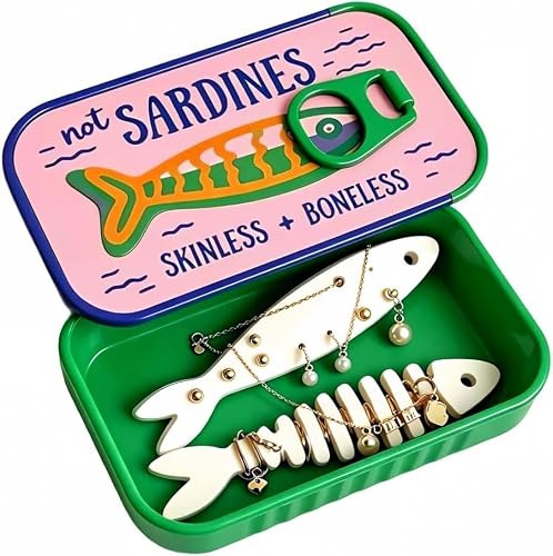 Sardine Tin Resesmyckefodral, bärbar vintage fiskben örhänge hållare