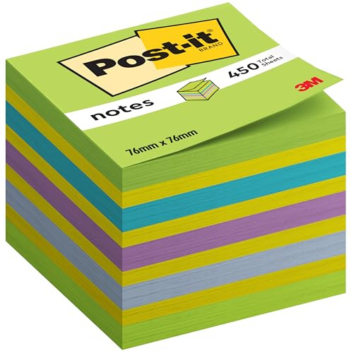 Post-it Notes Würfel, 450 Blatt, 76 mm x 76 mm, Blau, Grün, Lila, Gelb | Selbstklebende Haftnotizen, Praktische Klebezettel für Bürobedarf, Meetings, Erinnerungen, To-Do-Listen und zum Organisieren