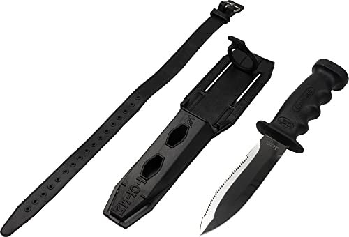 Cressi Supertotem - Coltello Sub Pesca Apnea Immersione con Lama Acciaio Inox Liscia/Seghettata 12,4 cm, Pugnale Subacqueo Anatomico, Coltellino + Fodero + 2 Fascette Fissaggio Polpaccio, Tot 23,2 cm