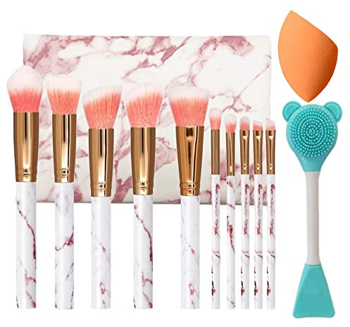 NEVSETPO Marble Pink Makeup Brushes, 12Pcs Make Up Brushes for Women Travel-Friendly Makeup Bag, Brushes & Sponges, Beauty Blenders, Synthetic Eyeshadow Contour Make-up Gift for Teenage Girls Kids