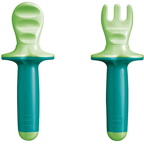 MAM Dipper Set, Set Posate con Forchetta e Cucchiaio, con Mascherina Protettiva, 6+ Mesi, Neutro | Include, forchetta & cucchiaino, Superficie scanalata, Mascherina protettiva, Lavabile in lavastoviglie, Senza BPA/BPS