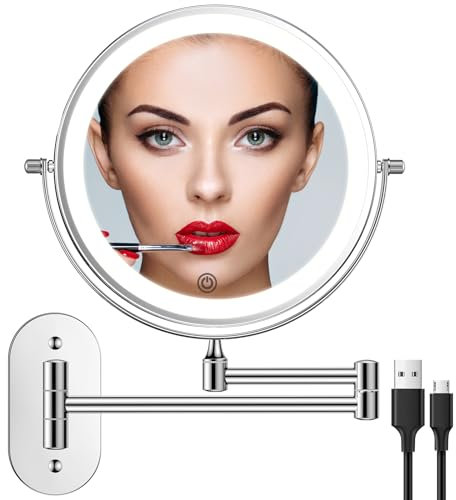 FUNTOUCH 4000mAh Wiederaufladbar Kosmetikspiegel mit Beleuchtetung, 1X 30X Spiegel Vergrößerung Wandmontage, Dimmbarer Rasierspiegel 3 Farben, Touchscreen, 360° Drehbar, Schminkspiegel für Badezimmer