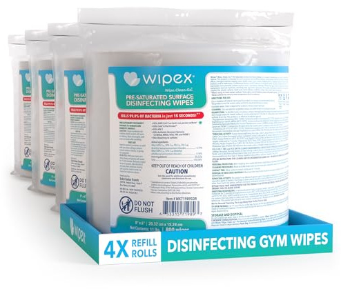 Wipex Disinfecting Surface Wipes - EPA Registered Gym Equipment Cleaner Refills, Safely Kill Germs in 15 Seconds, 800ct Gym Sanitizing Wipes for Wall, Free Standing dispensers, Pack of 4 (3200 Wipes)