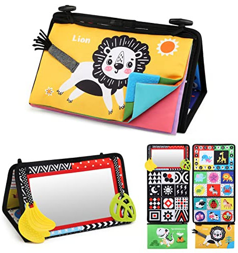 LEADSTAR Baby Spiegel Spielzeug 0 3 6 9 Monate mit Knisterbuch, Faltbarer Schwarz Weiß Buch Baby Stoffbuch mit Kontrastkarten Baby Kontrastmuster Kinderspiegel Bauchlage Spielzeug für Neugeborenes